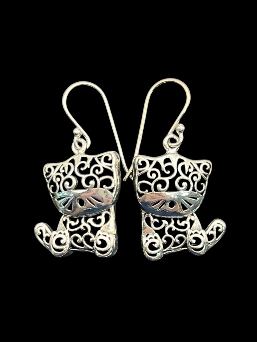 Kitty cat feline kitten open scroll sterling silver dangle earrings artisan
